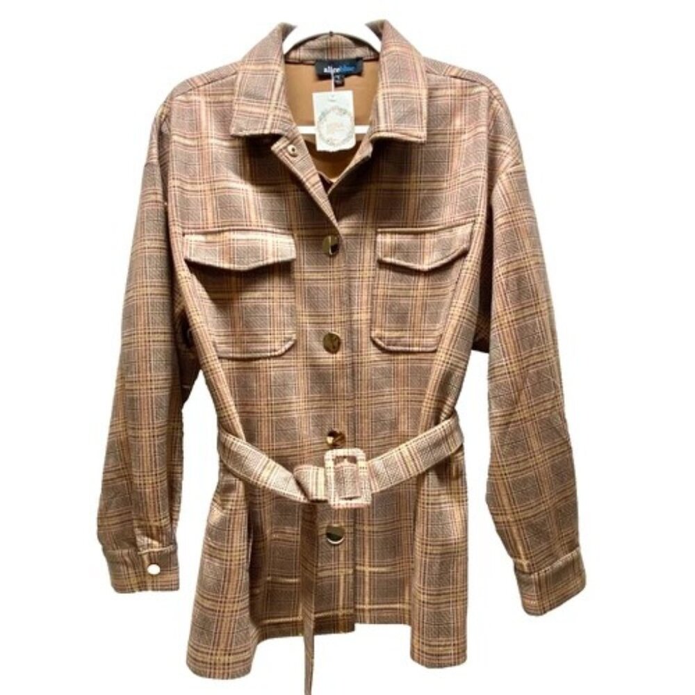Alice Blue Peacoat Women's Large Pink Gold Shimmer Plaid Shacket Belted Coat NWT